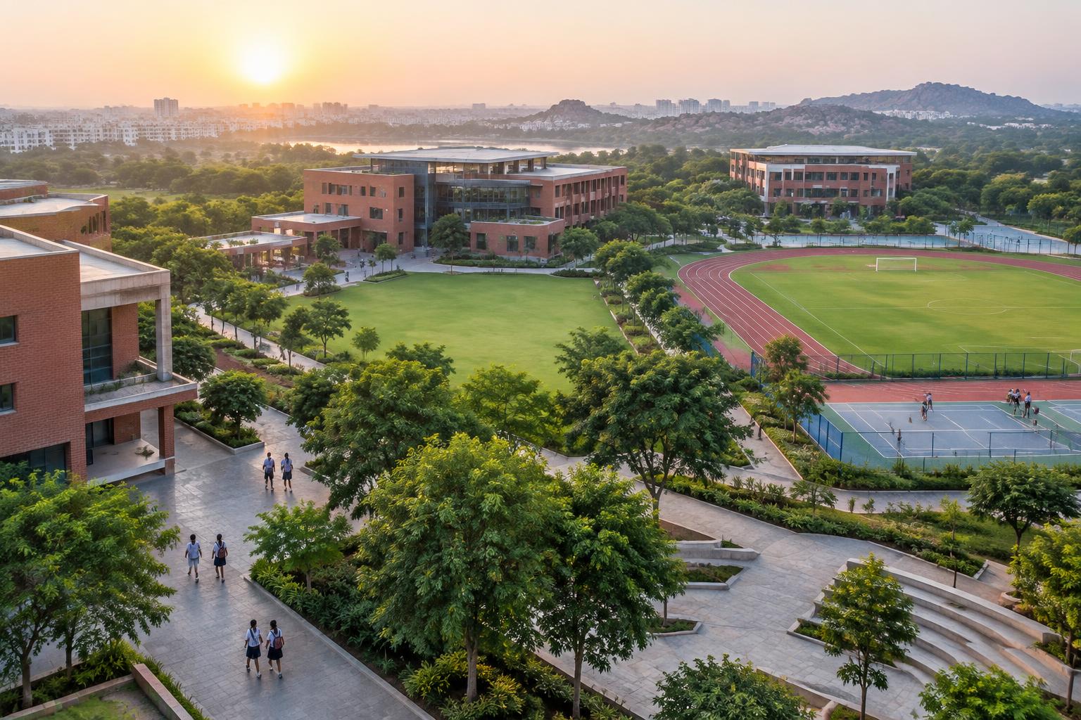 Aerial view of The Gaudium's 27-acre green campus in Hyderabad