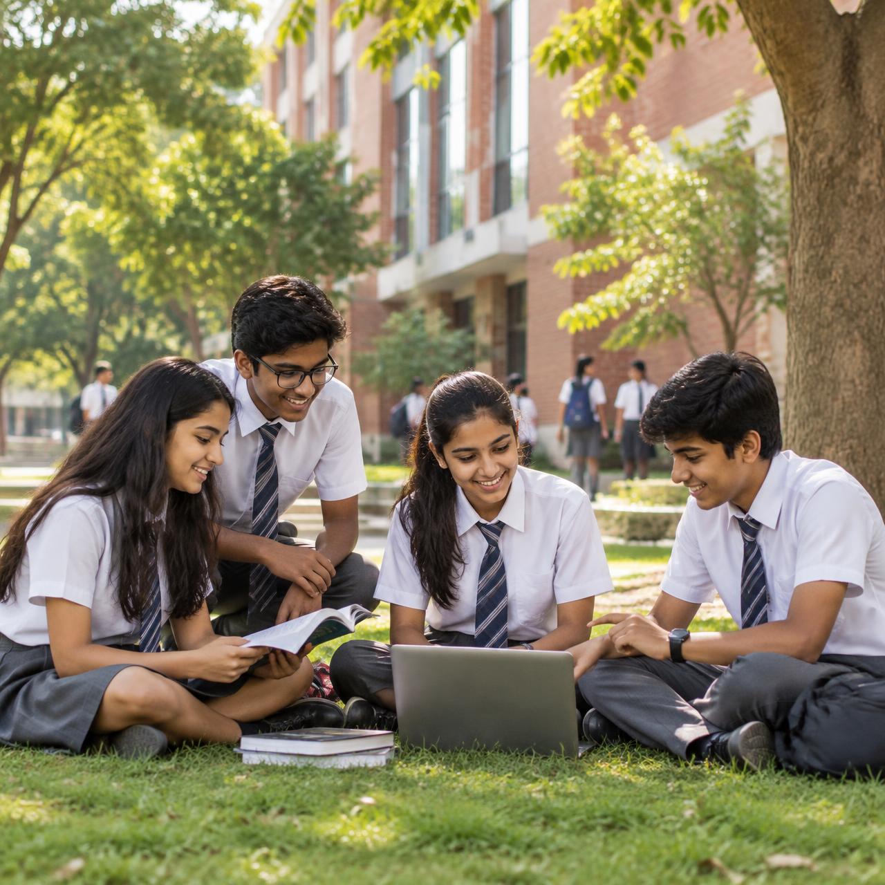 Students learning together on The Gaudium campus quad